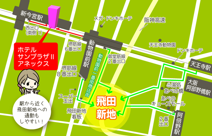 飛田新地-出稼ぎ格安ホテル-マップ