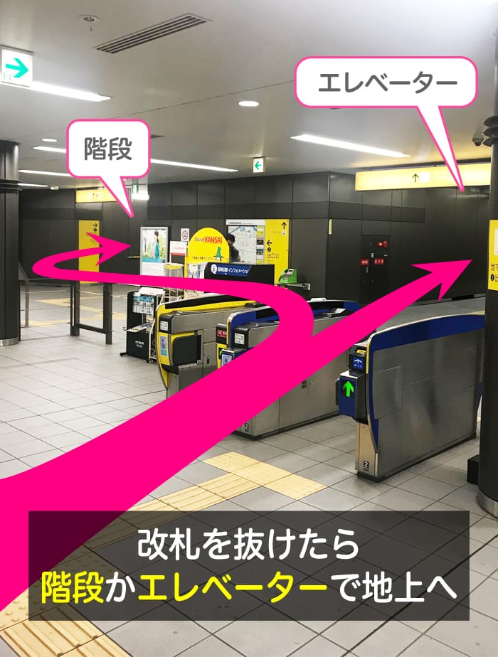松島新地への行き方、改札を抜けて阪神なんば線九条駅2番へ上がる階段かエレベーターで地上へ。