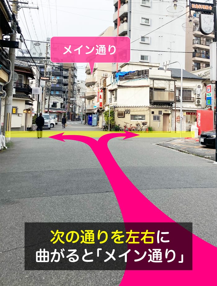 松島新地に入って次の通りを左右に曲がるとメイン通りです。