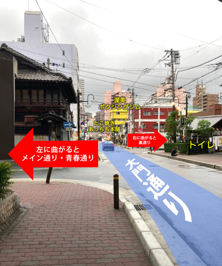 【飛田新地 行き方 動物園前】大門通りから左に曲がると「メイン通り」「青春通り」右手のトイレをすぎて右に曲がったら「裏通り」のエリアです