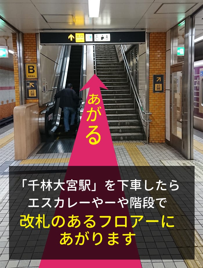 「千林大宮駅」を下車したらエスカレーターや階段で改札のあるフロアーにあがります
