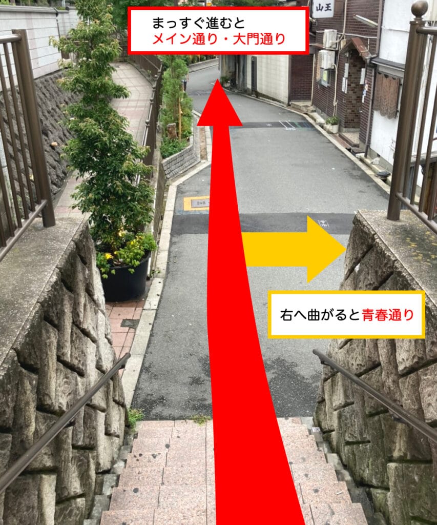 【飛田新地 行き方 天王寺】階段を降りてすぐ右が「青春通り」。階段を降りてまっすぐ進み次に右に見えるのが「メイン通り」。更にまっすぐ進み次に右に見える大きい通りが「大門通り」。